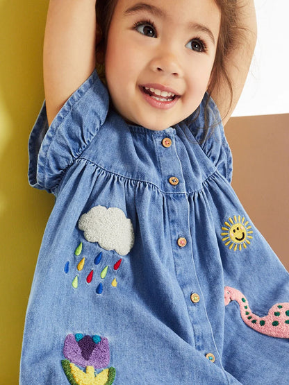 Girls' denim skirt short sleeved summer children's skirt cute sticker embroidery cartoon fashion children's skirt