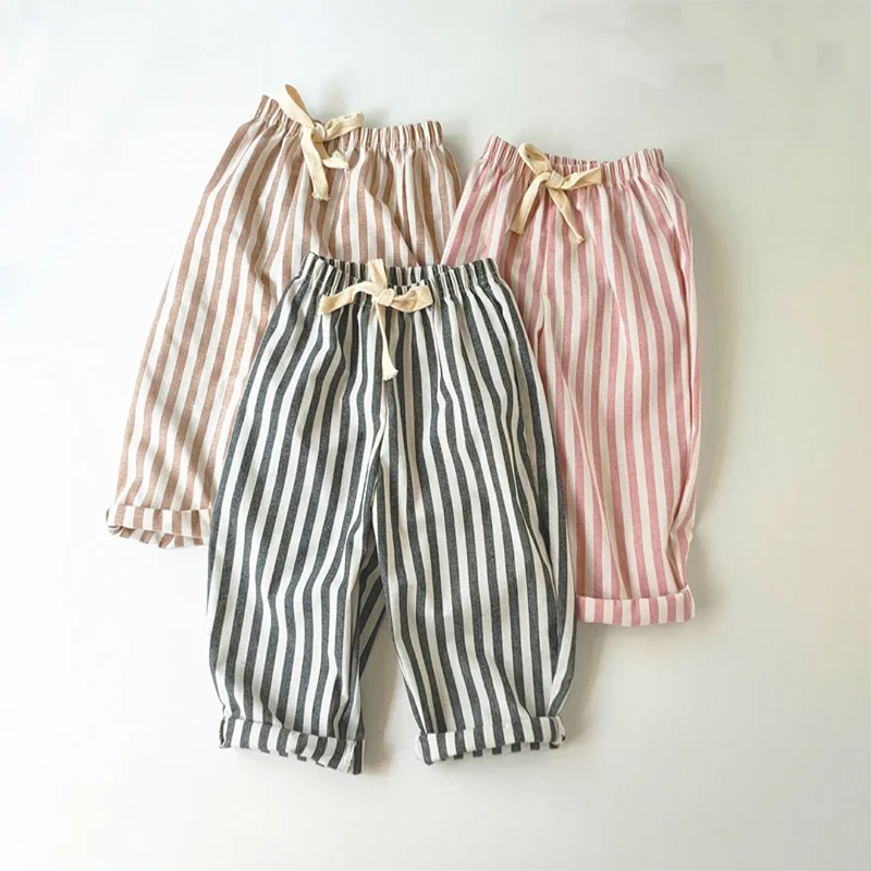 Retro Hemp Cotton Striped Boys' Pants with A Casual and High-end Design Elastic Waist Girls' Clothing Children's Pants