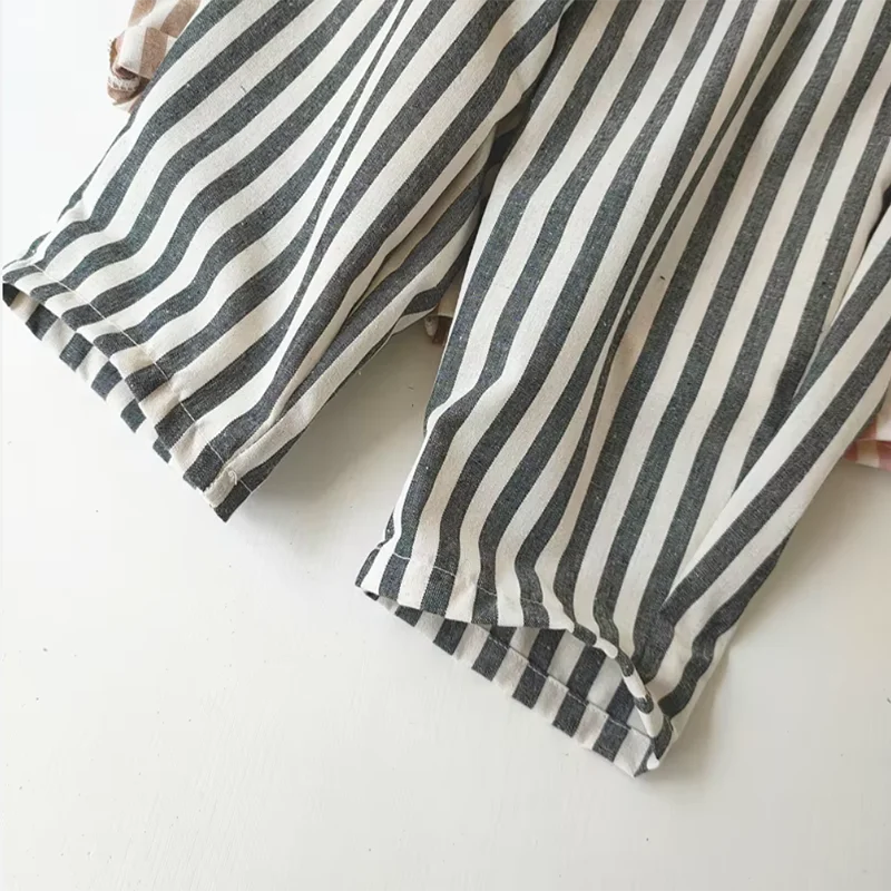 Retro Hemp Cotton Striped Boys' Pants with A Casual and High-end Design Elastic Waist Girls' Clothing Children's Pants