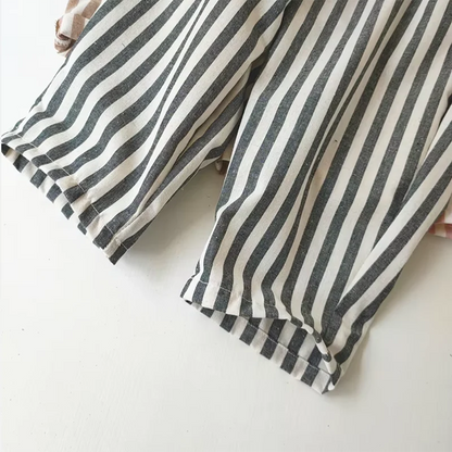 Retro Hemp Cotton Striped Boys' Pants with A Casual and High-end Design Elastic Waist Girls' Clothing Children's Pants