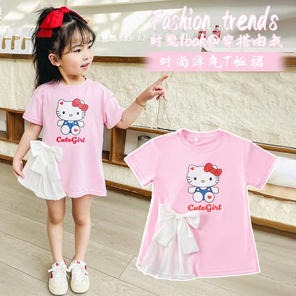 Toddler Girls Short Sleeve T-shirt Cute Sanrio Hello Kitty Kuromi Melody Casual Princess Dress For Party Kids Summer Clothes