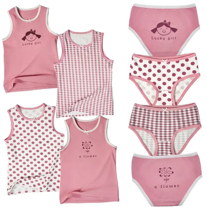 Pink Kids Clothes Set 8pcs Girls Vest Suit Childrens Clothing Set Baby Cotton T-Shirts Shorts Quick Dry Sleeveless Tank Top 2024