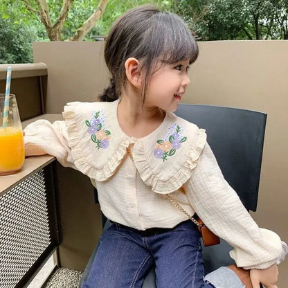 Baby girl doll collar shirt Spring and Autumn new children's Korean version long sleeved embroidered white shirt little girl top