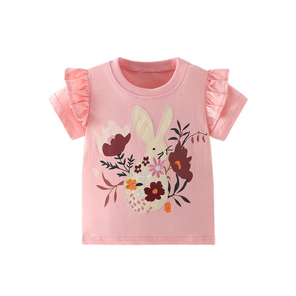 Jumping Meters 3-8T Flowers Kids Tees Hot Selling Cotton Summer Girls Tshirts Baby Clothes Children's Tees Tops