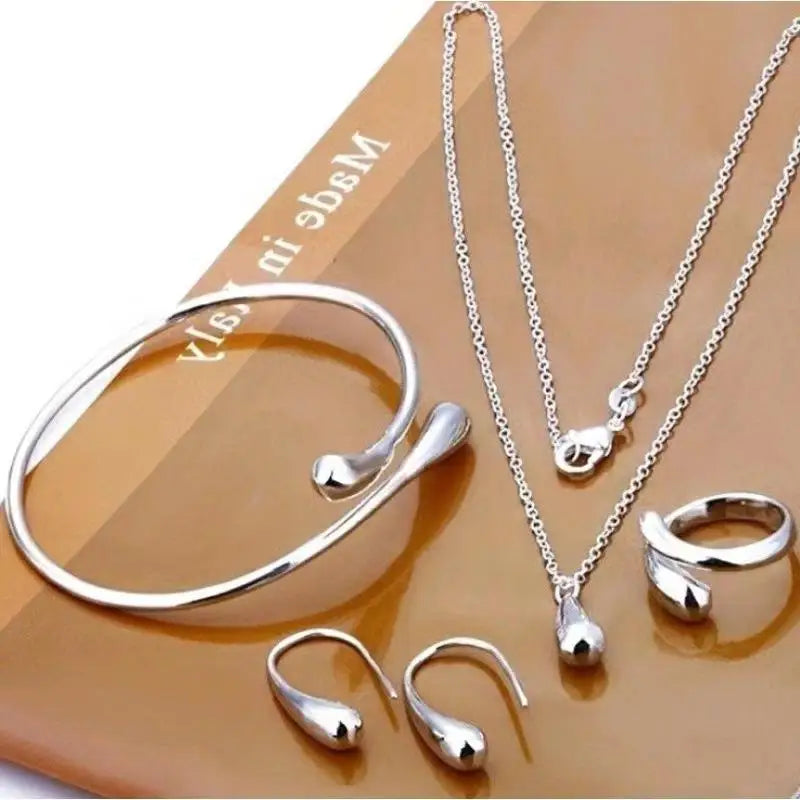 Fine 925 Sterling Silver Water Drop Earrings Ring Bracelet Set For Women Luxury Elegant Four-piece Jewelry Sets Wedding Gifts