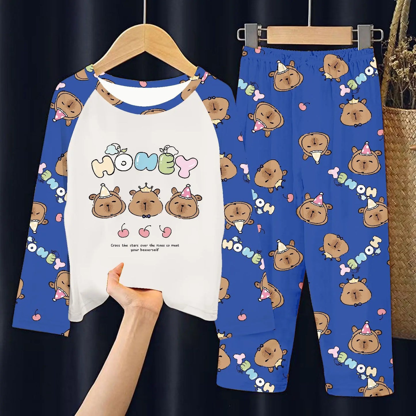 Capibara Pajamas Pants Set Kids Anime Capybara Nightgown Trousers Girls Boys Spring Autumn Home Clothes Children Long Sleeves