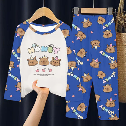 Capibara Pajamas Pants Set Kids Anime Capybara Nightgown Trousers Girls Boys Spring Autumn Home Clothes Children Long Sleeves