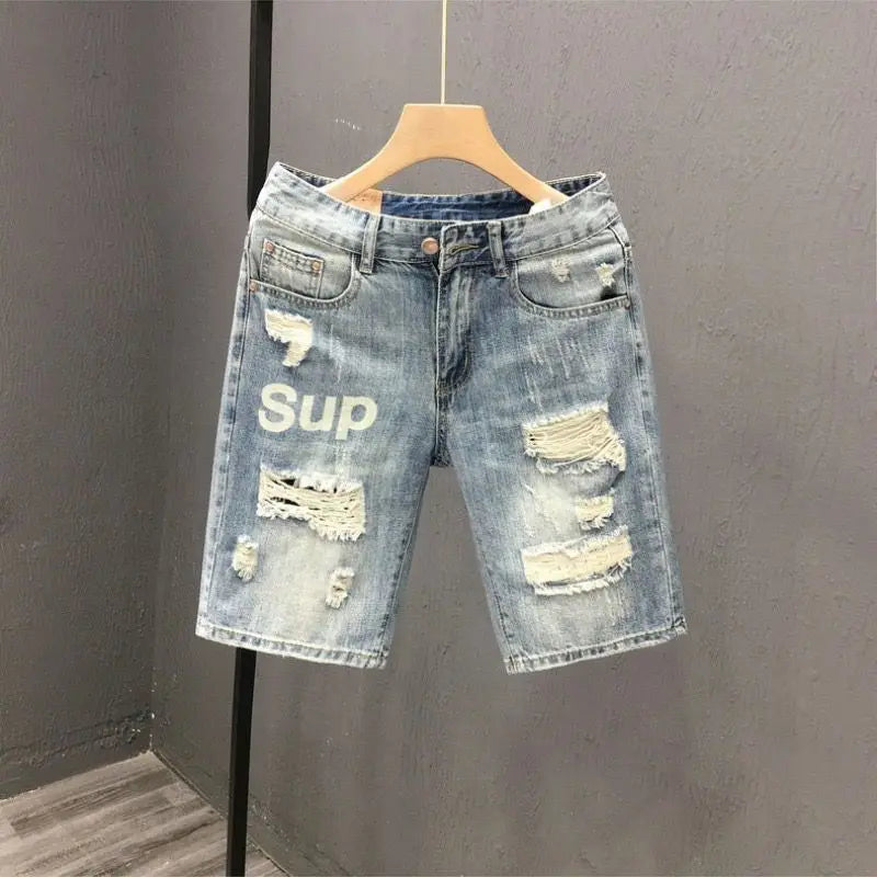 Fashion Vintage Korean Men's Summer Denim Shorts with Distressed Holes Slim Fit Distressed Holes Designer Luxury Clothing Men