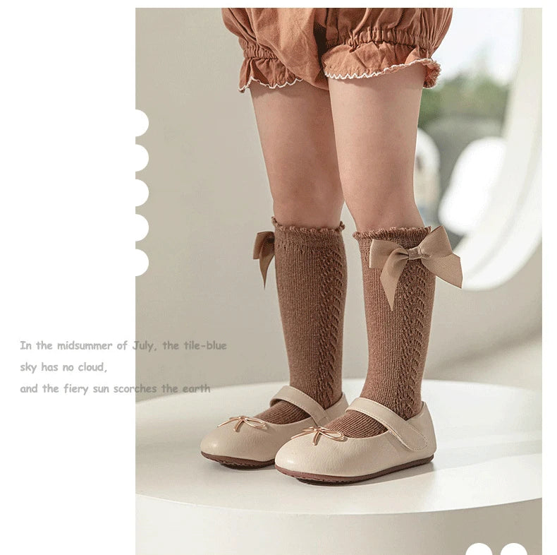 2023 New Kids Knee High Socks Baby Girls Boys Bow Long Sock Soft Cotton Mesh Breathable Children Hollow Out Socken For 0-7 Years