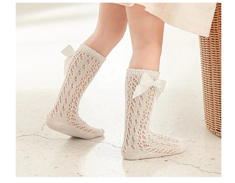 2023 New Kids Knee High Socks Baby Girls Boys Bow Long Sock Soft Cotton Mesh Breathable Children Hollow Out Socken For 0-7 Years