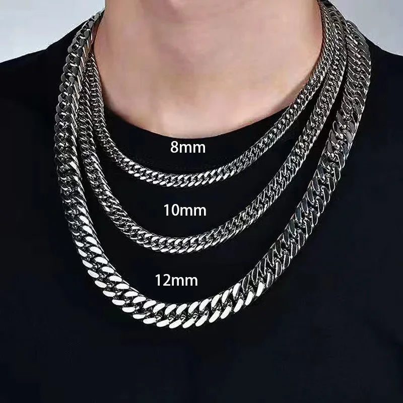 HNSP Stainless Steel Cuban Chain Necklace Bracelet For Men Neck Silver Color 8MM-14MM Thick Long Hand Chains Male Gift