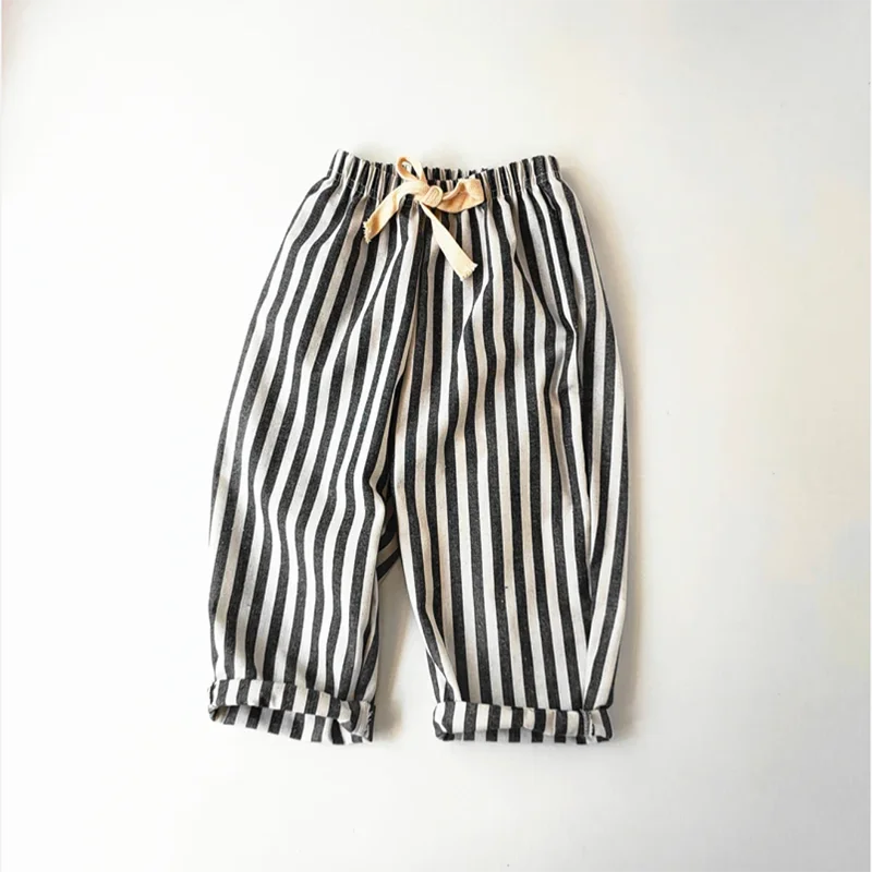 Retro Hemp Cotton Striped Boys' Pants with A Casual and High-end Design Elastic Waist Girls' Clothing Children's Pants