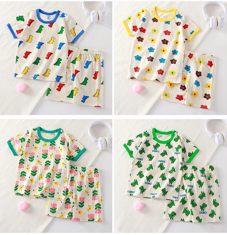 New Kids Boys Girls Summer Clothing Sets Children Cute Cartoon Print Short Sleeve T-Shirt Tops with Shorts Toddler Baby Pajamas