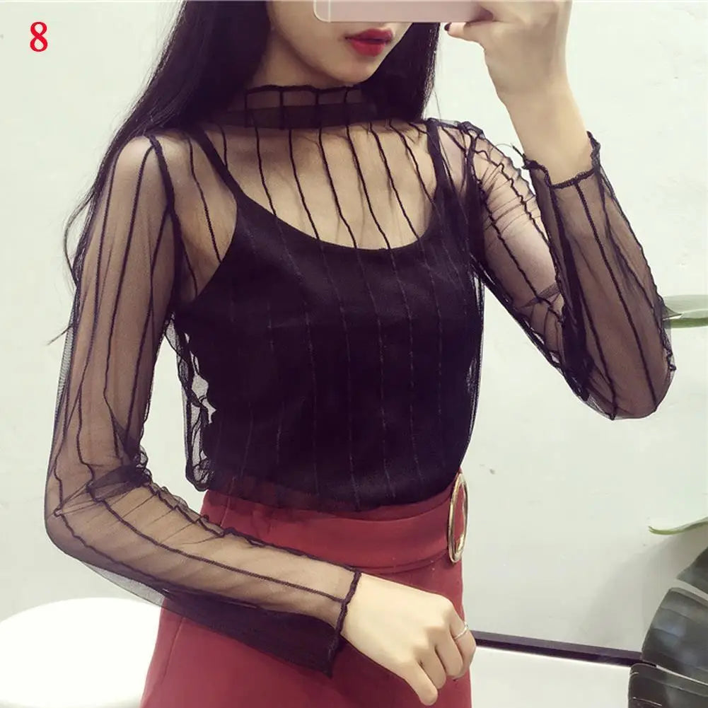 Fashion See Through Lace Top Transparent Blouse For Women Slim Fit Shirt With Long Sleeve Black Mesh T-shirt Fishnet Sheer Tops