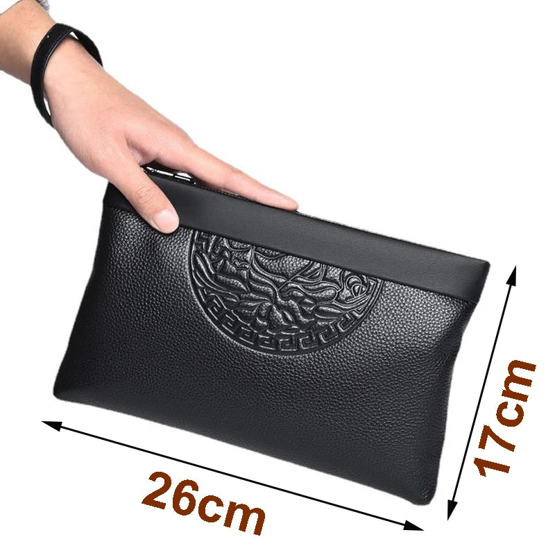 Fashion Men's Handheld Bag Business Large Capacity Retro Soft Face Leather Clip Casual Fashion Handheld Bag Zipper Bag Wallet