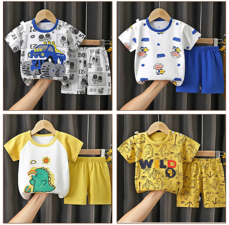 2025 New Kids Boys Girls Summer Pajamas Cute Cartoon Print Short Sleeve T-Shirt Tops with Shorts Toddler Baby Clothing Sets