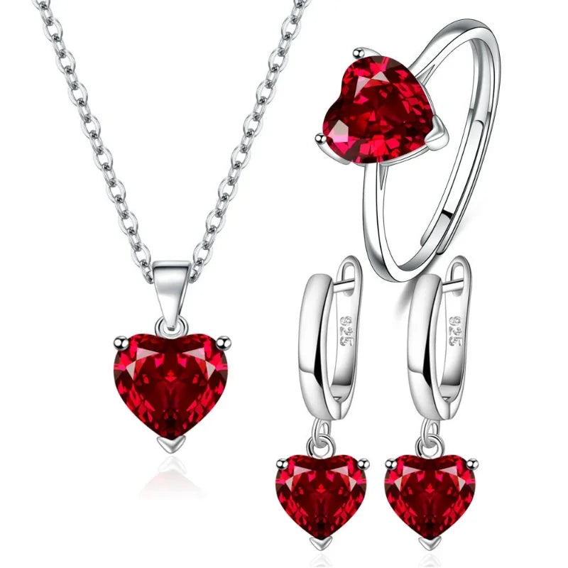 925 Sterling Silver Jewelry Sets For Women Heart Zircon Ring Earrings Necklace Wedding Bridal Elegant Christmas