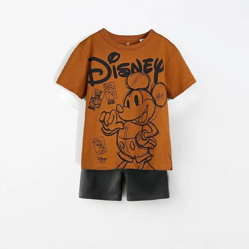 Disney Cartoon T-shirt Outfits Summer Clothing Baby Boys Short Sleeve Tops Shorts Casual Tracksuits Kids Mickey Tees Set 1-5 Age