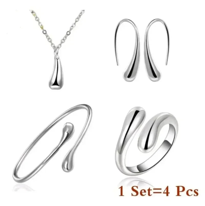 Fine 925 Sterling Silver Water Drop Earrings Ring Bracelet Set For Women Luxury Elegant Four-piece Jewelry Sets Wedding Gifts