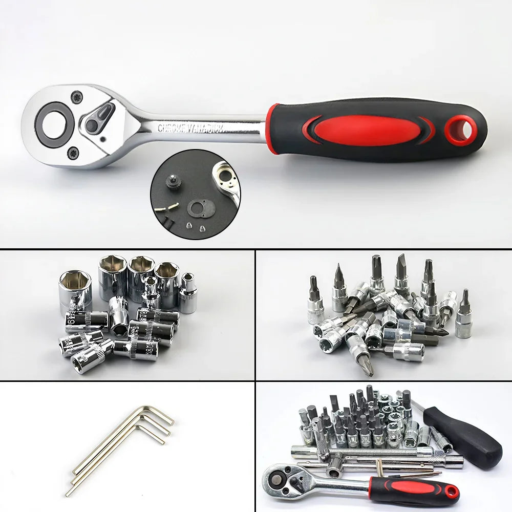 46Pcs Car DIY Repair Tool Kit 1/4-Inch Socket Sets Car Repair Tool Ratchet Torque Wrench Combo Auto Repairing Sets Mechanic Tool