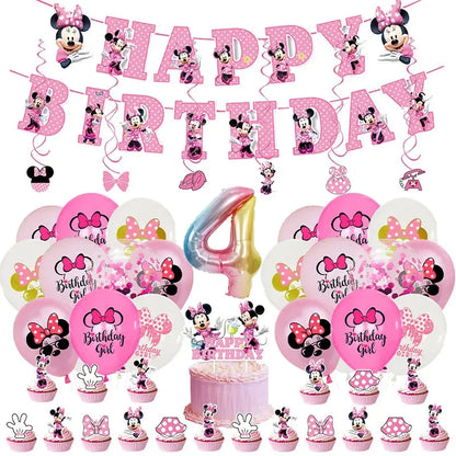 Minnie Mouse Birthday Party Decorations Tableware Set Birthday Decorations Full Set Pink Balloons Banner Candy Box Kids Favors