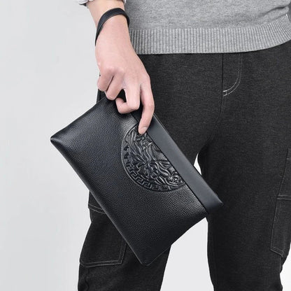 Fashion Men's Handheld Bag Business Large Capacity Retro Soft Face Leather Clip Casual Fashion Handheld Bag Zipper Bag Wallet