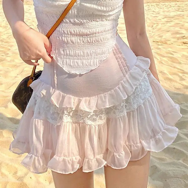 New Fashion Women Acutes Summer Mini Skirts Cute High Waist Lace Patchwork Ruffle Hem A-Line Skirts Club Street Style S M L