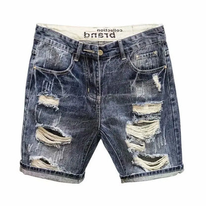 Fashion Vintage Korean Men's Summer Denim Shorts with Distressed Holes Slim Fit Distressed Holes Designer Luxury Clothing Men