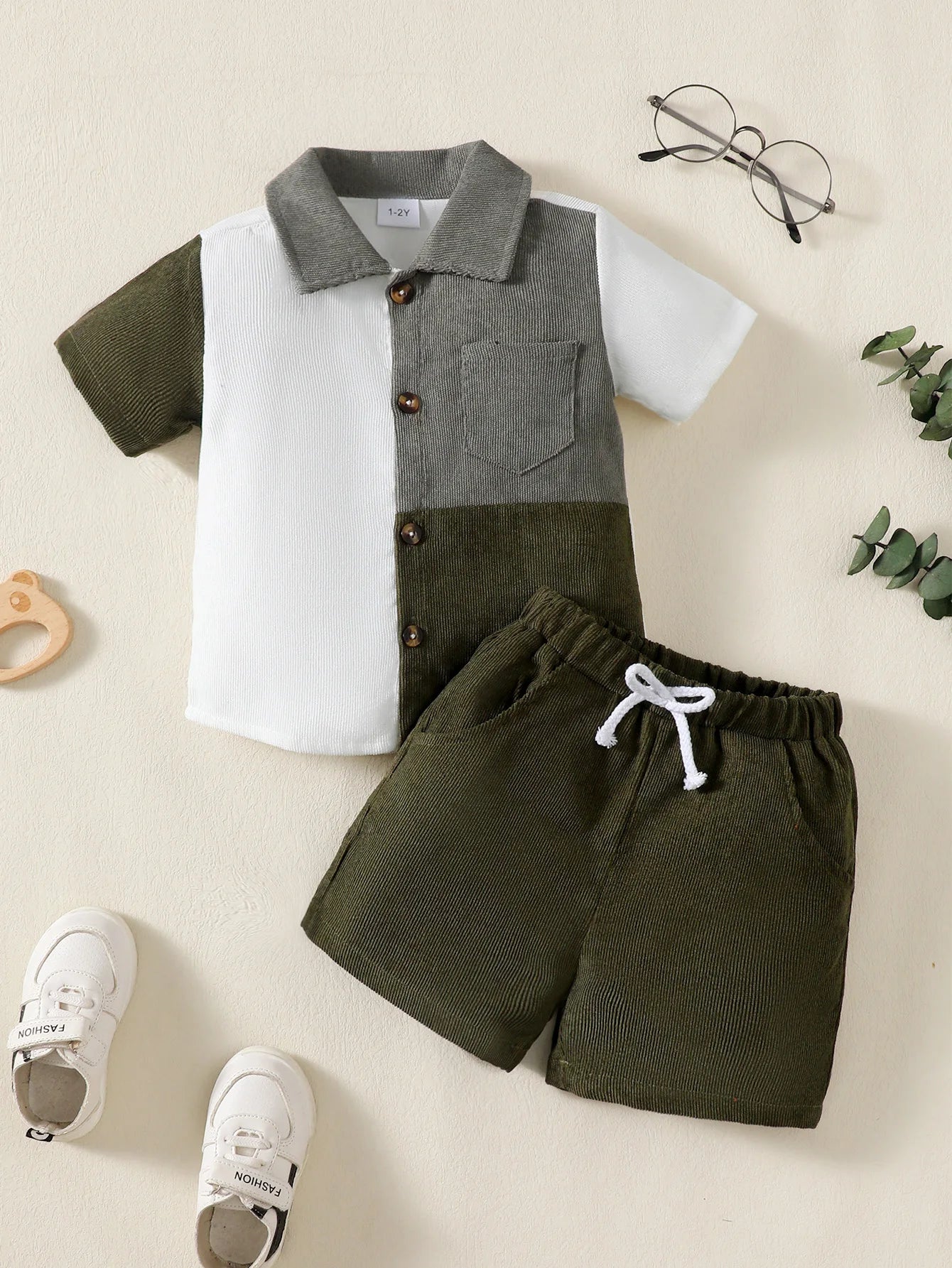 2PCS Clothes Outfit Kids Boy Fashion Color Block Short Sleeve Top+Shorts Summer Gentleman Clothes Set for Children Boy 1-6 Years