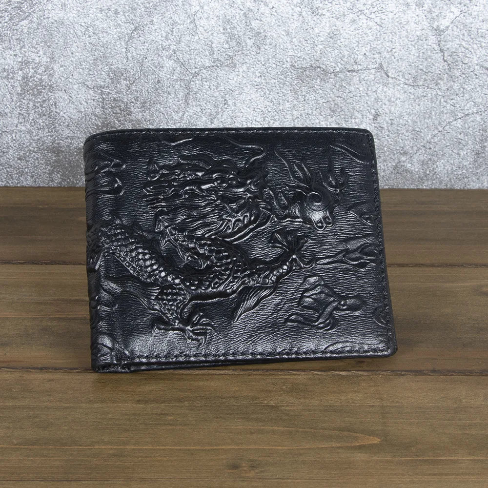 High Quality Genuine Leather Short Wallet 3D Dragon Style Card Wallet 2024 Vintage Bifold Small Purse for Man Male Gift Purses