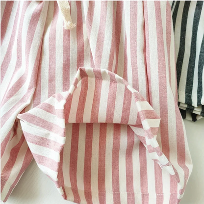 Retro Hemp Cotton Striped Boys' Pants with A Casual and High-end Design Elastic Waist Girls' Clothing Children's Pants