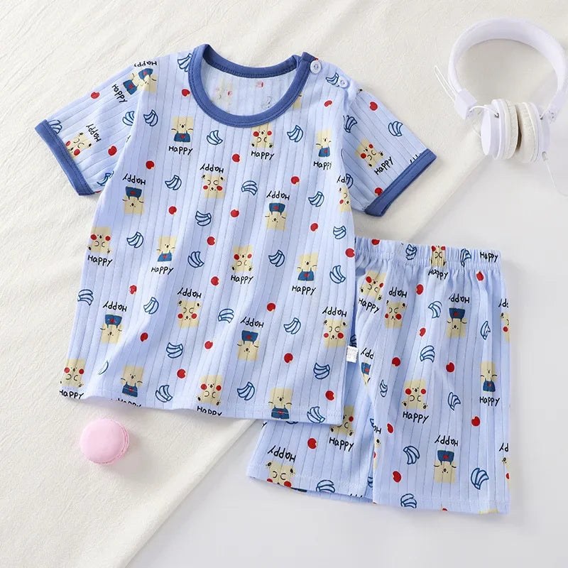 New Kids Boys Girls Summer Clothing Sets Children Cute Cartoon Print Short Sleeve T-Shirt Tops with Shorts Toddler Baby Pajamas