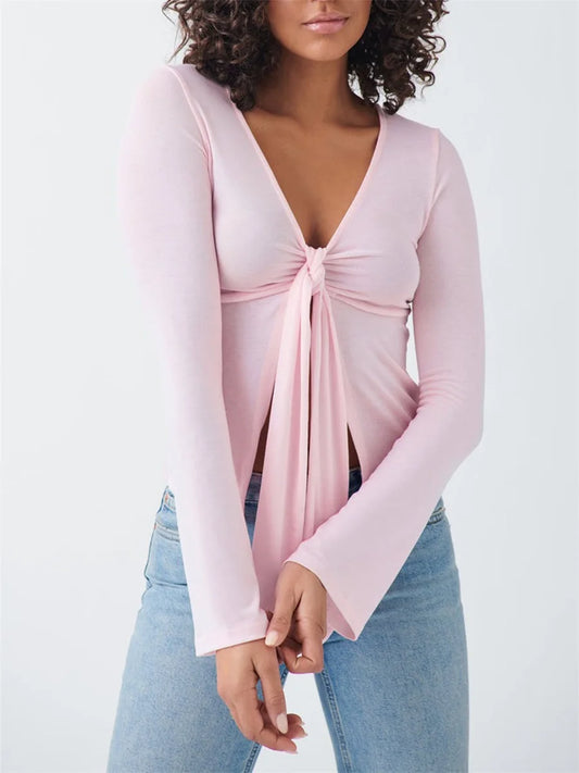 Women's Coquette y2k Top Spring Slim Slimming Pink Sweet Tops Long Sleeve V Neck Tie Up Trendy T-shirt Streetwear Sweatshirts