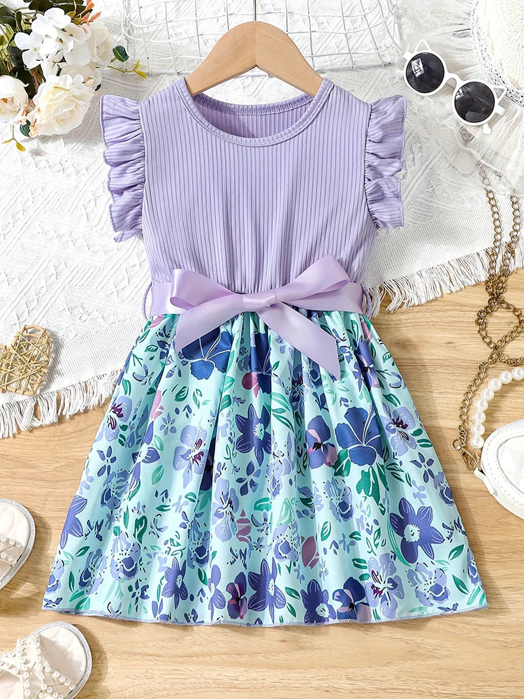 Sweet Girls Splicing Flower Print Flutter Trim Ribbed Belted Dress