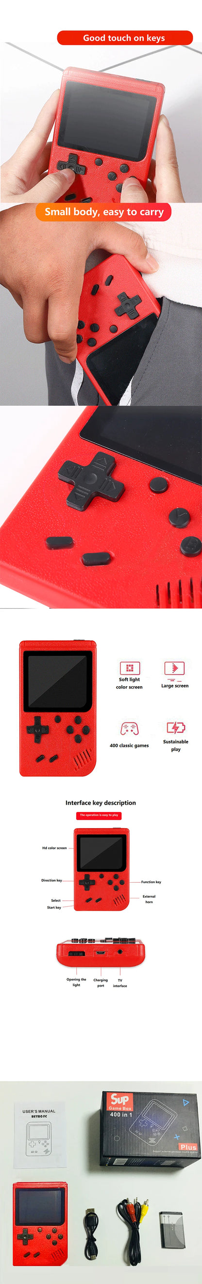 A Red Retro Classic Games Children's Handheld Small Game Console With Hundreds Of Game Charging Can Be Connected To The TV