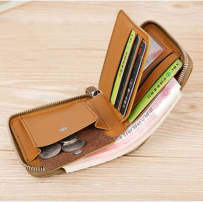 Leather Men’s Wallet Luxury Mens	Purse Male Zipper Card Holders with Coin Pocket Rfid Wallets Gifts for Men Money Bag