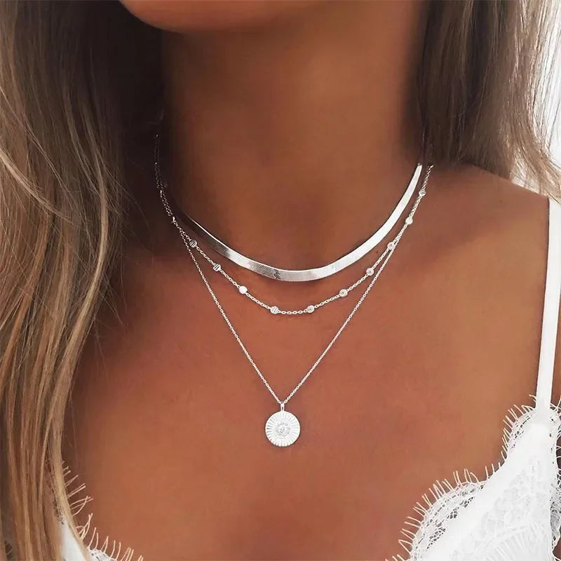 Women Girls Silver Color Simple Three Layer Necklace Shiny Long Bar Pendant Women Wedding Gifts Exquisite Accessories