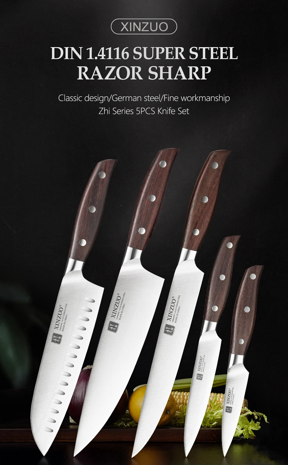 XINZUO High Quality 3.5+5+8+8+8"  Paring Utility Cleaver Chef Knife Germany 1.4116 Stainless Steel 1PCS 5PCS Kitchen Knife Sets