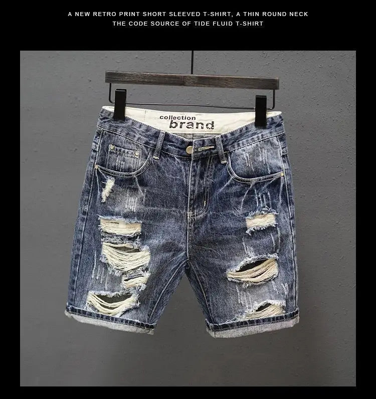 Fashion Vintage Korean Men's Summer Denim Shorts with Distressed Holes Slim Fit Distressed Holes Designer Luxury Clothing Men