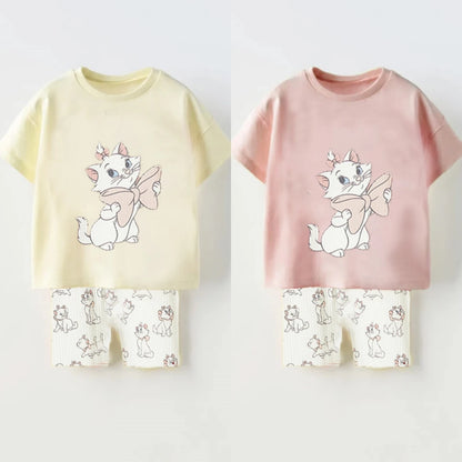 Cartoon Printed Kitten Kids Summer Casual Suit Set Children Boy And Girl T-shirt Shorts 2 Pieces/set Baby Coat Toddler Set