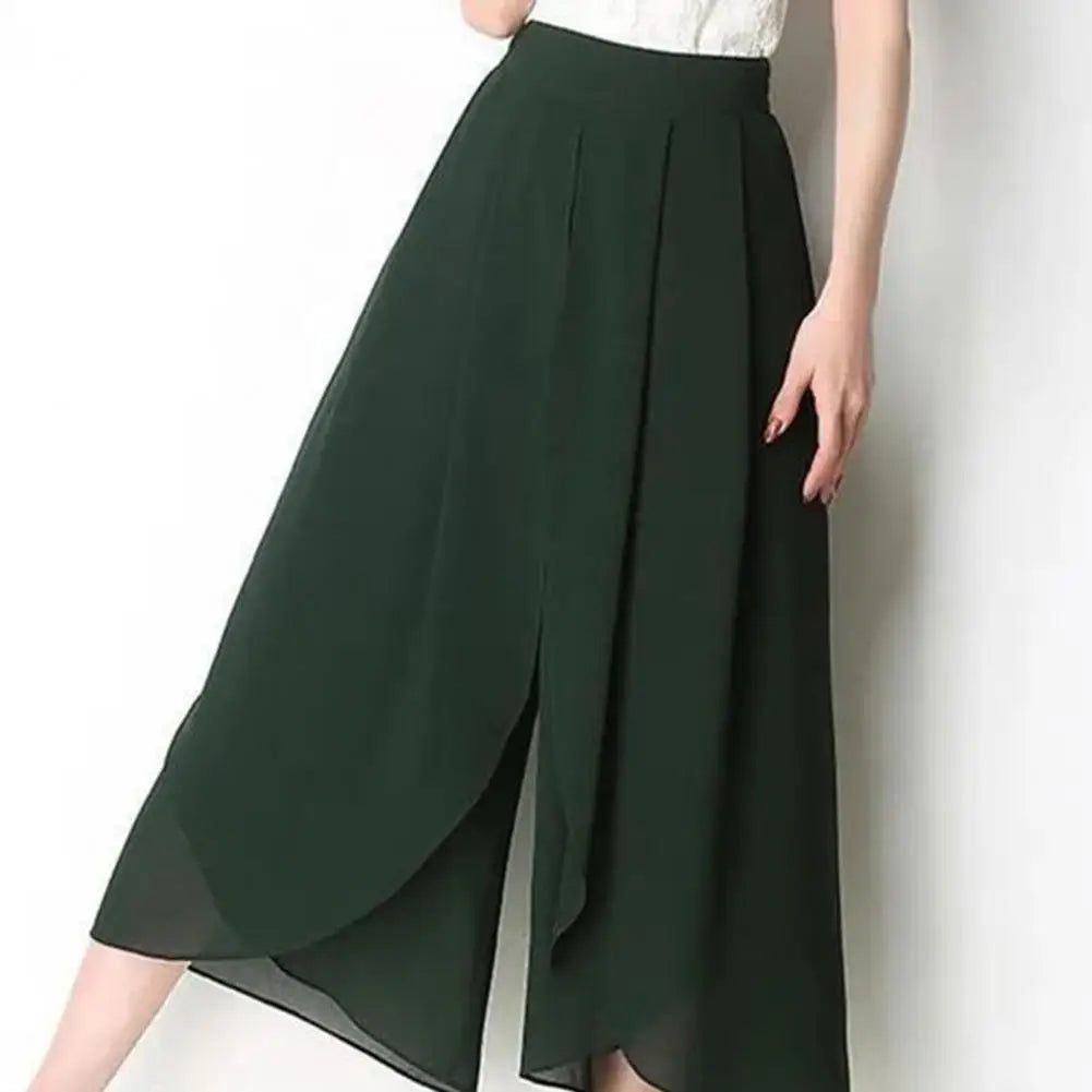 Double-layer Women Skirt Pants See-through Chiffon Split Hem High Waist Yoga Pants Loose Wide Leg Mid-calf Length Cropped Pants