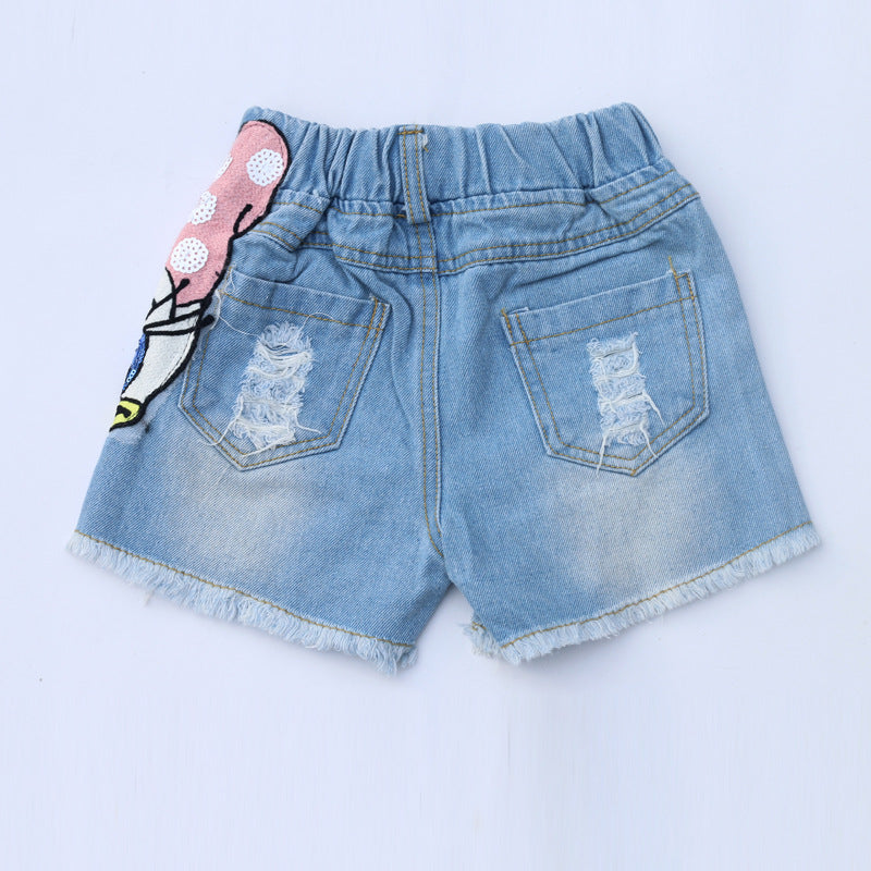 2024 Disney Girls Outfits Cartoon Donald Duck Sets Printed Summer Shirt Broken Hole Denim Shorts Girl Clothing Set girls Clothes