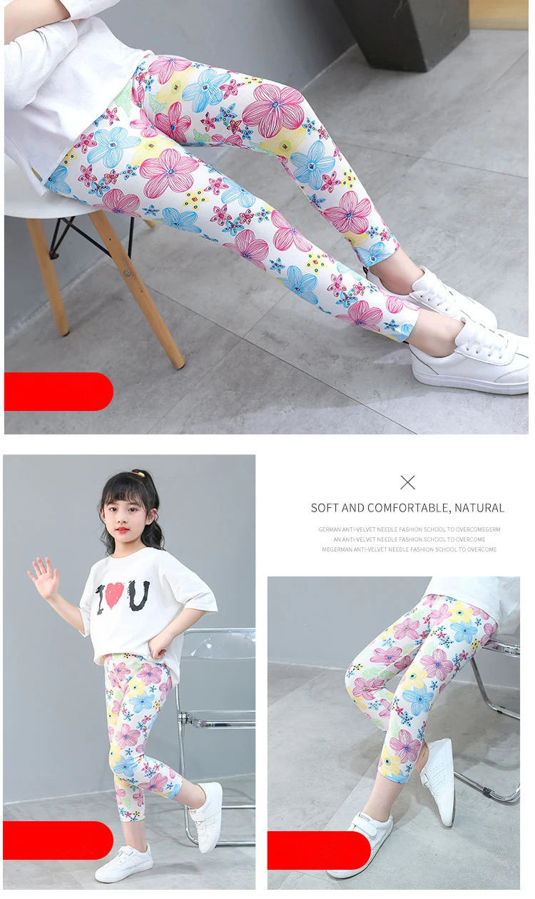 2 to 9 Years Girls Leggings Kids Outdoor Travel Clothes Pencil Pants Long Casual Floral Slim Leggings Teenage Children Trousers