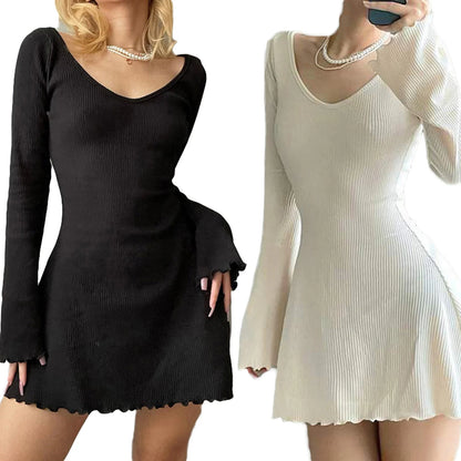 Fashion Women Summer Slim A-Line Dress Solid Color Ribbed Long Sleeve V-Neck Slim Fit Mini Dress for Party Beachwear Y2k