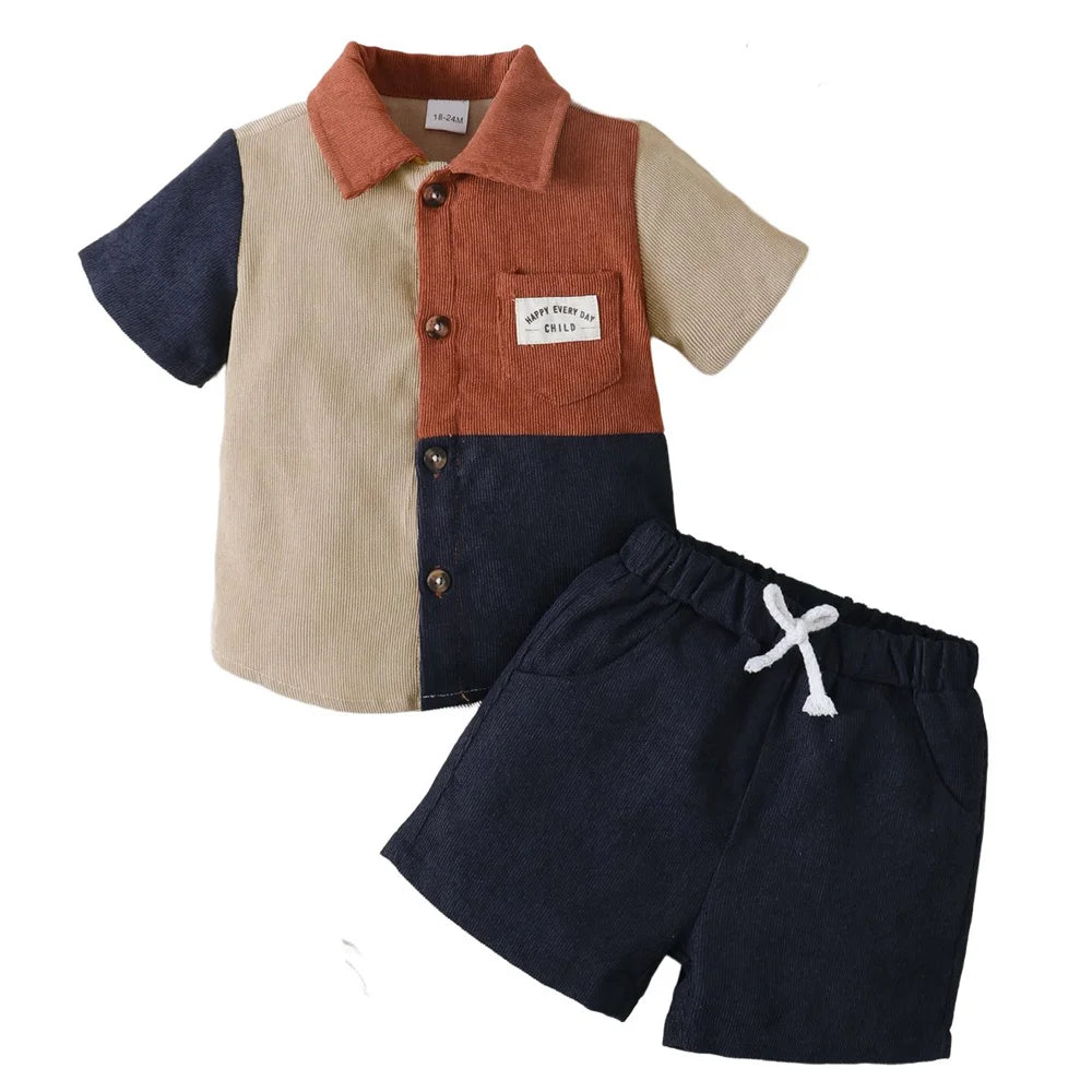 2PCS Clothes Outfit Kids Boy Fashion Color Block Short Sleeve Top+Shorts Summer Gentleman Clothes Set for Children Boy 1-6 Years