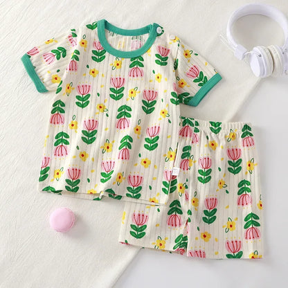 New Kids Boys Girls Summer Clothing Sets Children Cute Cartoon Print Short Sleeve T-Shirt Tops with Shorts Toddler Baby Pajamas