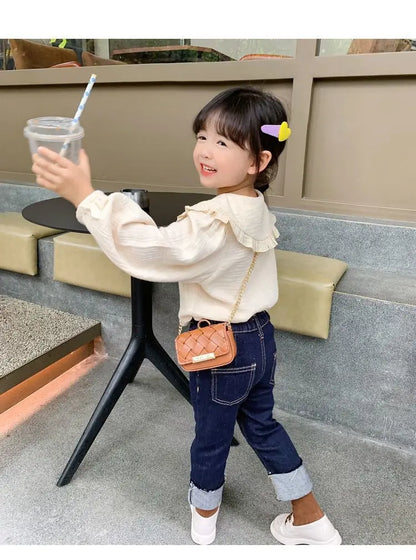 Baby girl doll collar shirt Spring and Autumn new children's Korean version long sleeved embroidered white shirt little girl top