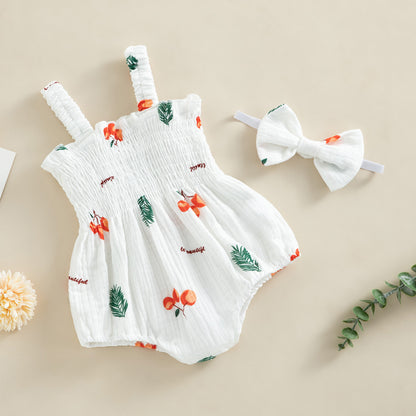 pudcoco Infant Newborn Baby Girl 2Pcs Summer Outfits, Sleeveless Cherry/Carrot/Tree Print Romper with Headband 0-18M