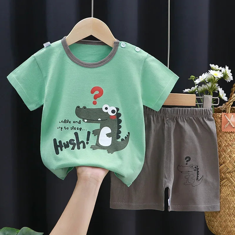 2025 New Kids Boys Girls Summer Pajamas Cute Cartoon Print Short Sleeve T-Shirt Tops with Shorts Toddler Baby Clothing Sets