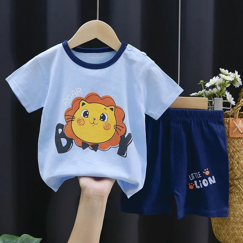 2025 New Kids Boys Girls Summer Pajamas Cute Cartoon Print Short Sleeve T-Shirt Tops with Shorts Toddler Baby Clothing Sets